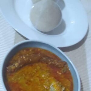 Banku and Okra Stew  Serve with Tuna Fish, Salmon ( Mackle) Wele